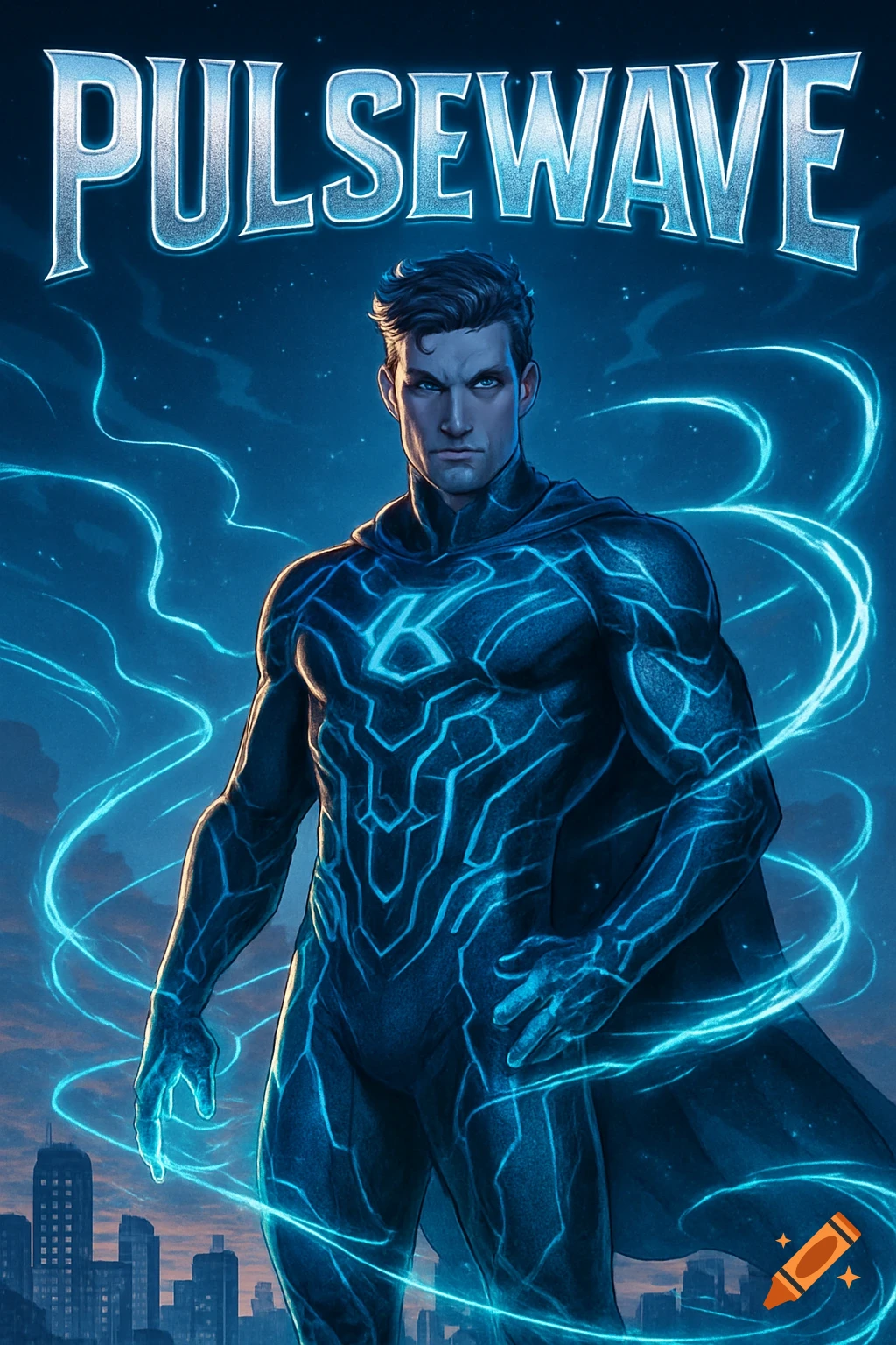 A male superhero, "Pulsewave," in a dark blue suit with glowing patterns and cape, standing before a night city skyline. Comic art.