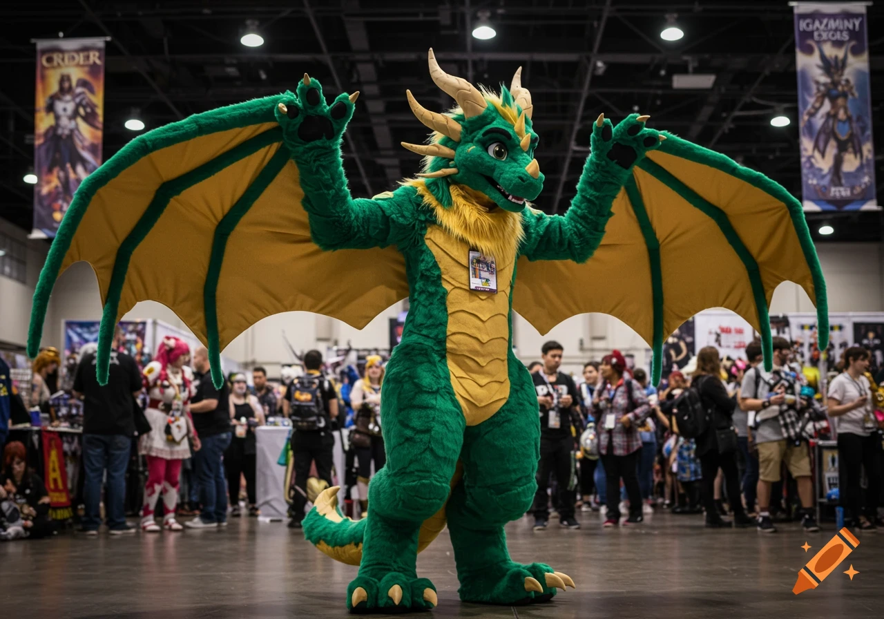 A photorealistic image of a person in a detailed green and gold dragon fursuit posing with wings spread at a crowded convention.