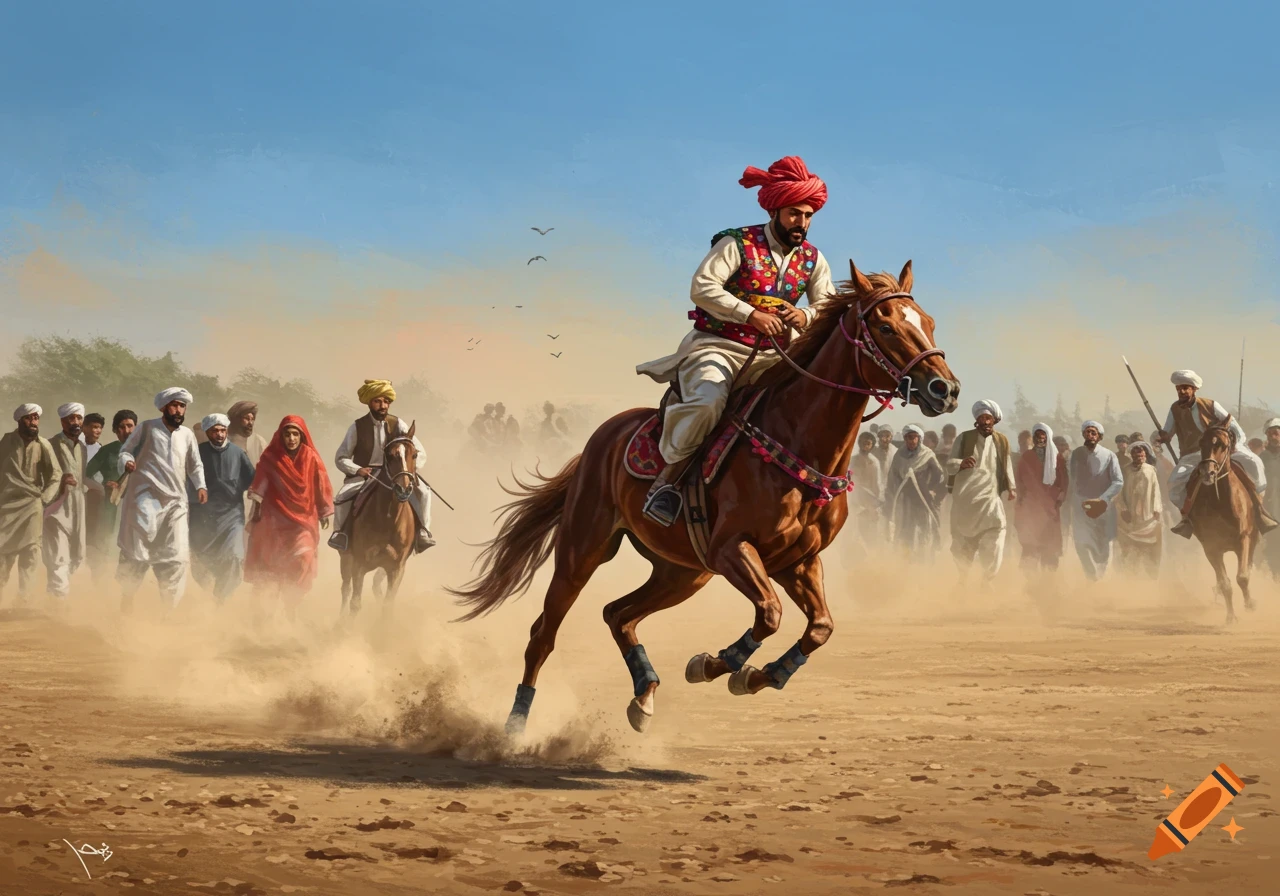 Men in traditional Pakistani attire on horses race through a dusty desert, with a crowd watching, digital painting.