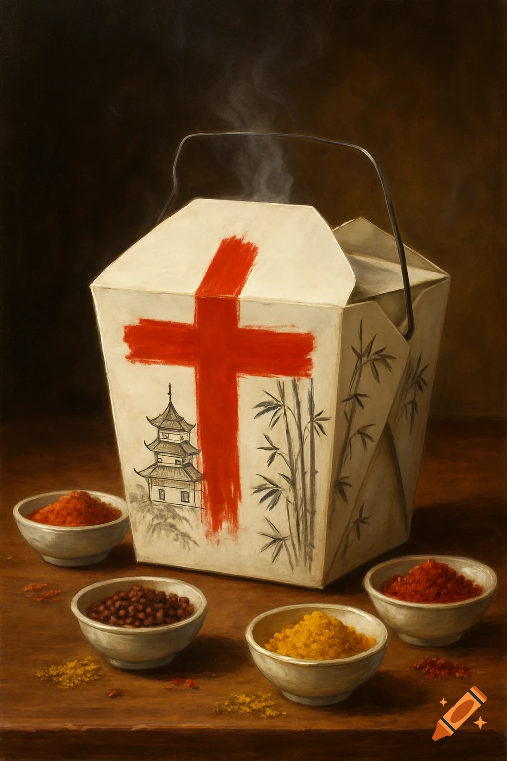 Still life painting of a steaming Chinese takeout box with a red cross, surrounded by bowls of colorful spices on a wooden table.