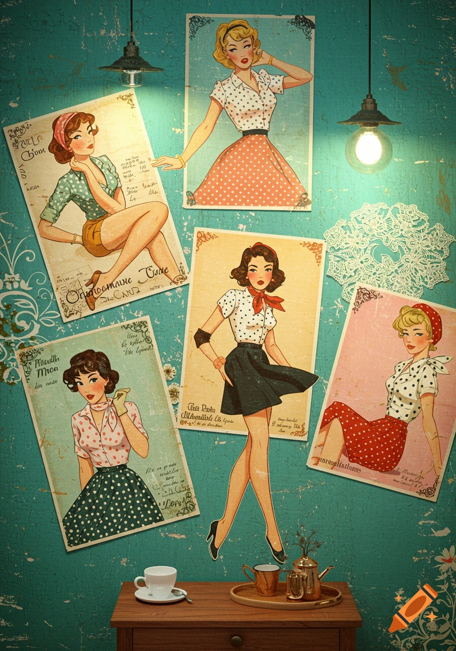 Multiple vintage pin-up style illustrations of women on posters adorn a teal wall above a wooden table with a tea set, retro art.