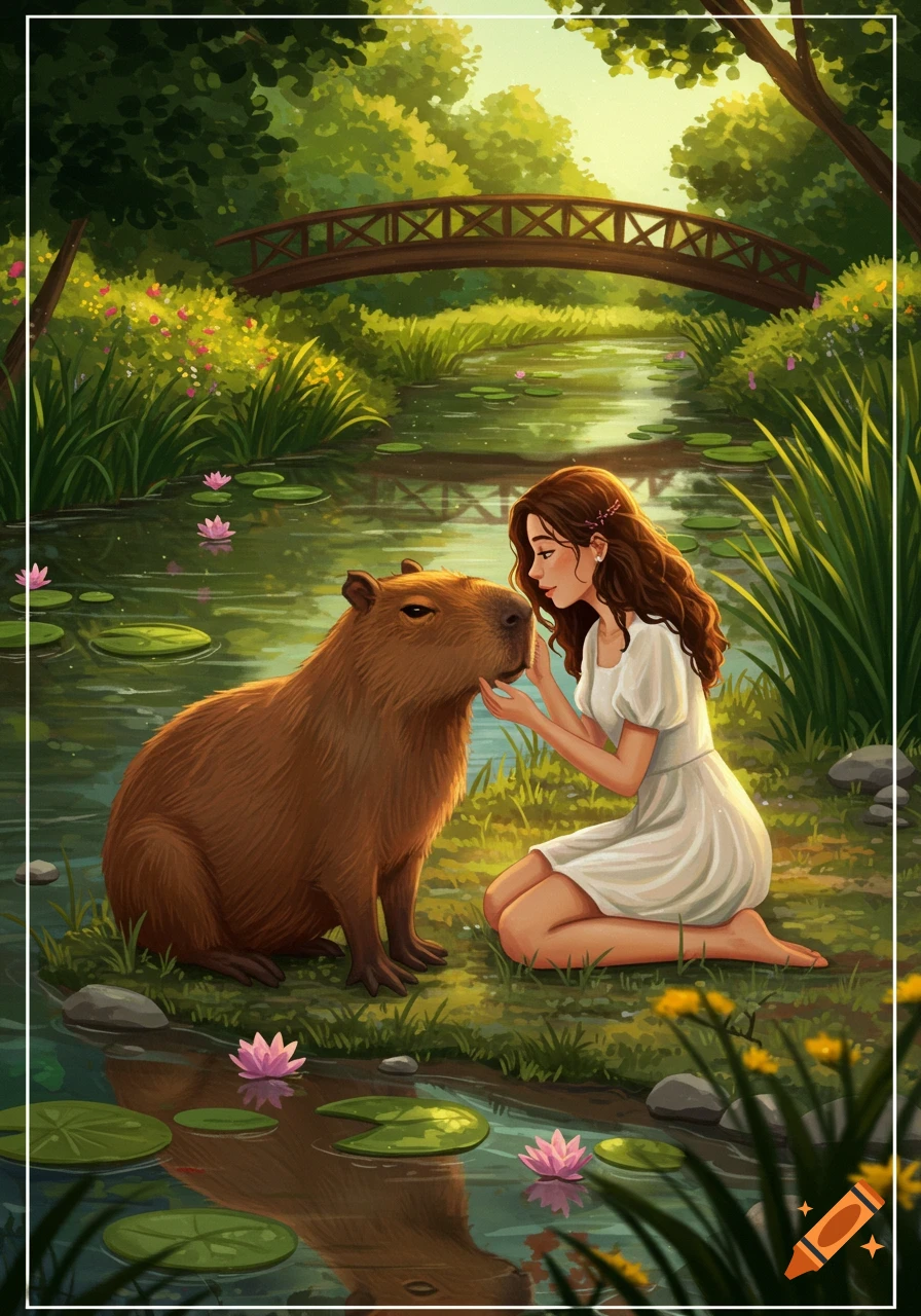 Illustration of a woman kneeling and petting a capybara in a lush green stream setting with a wooden bridge.