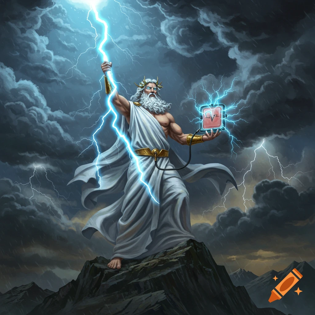 Zeus stands on a mountain peak in a stormy sky, holding a bright lightning bolt and a glowing defibrillator connected by a wire.