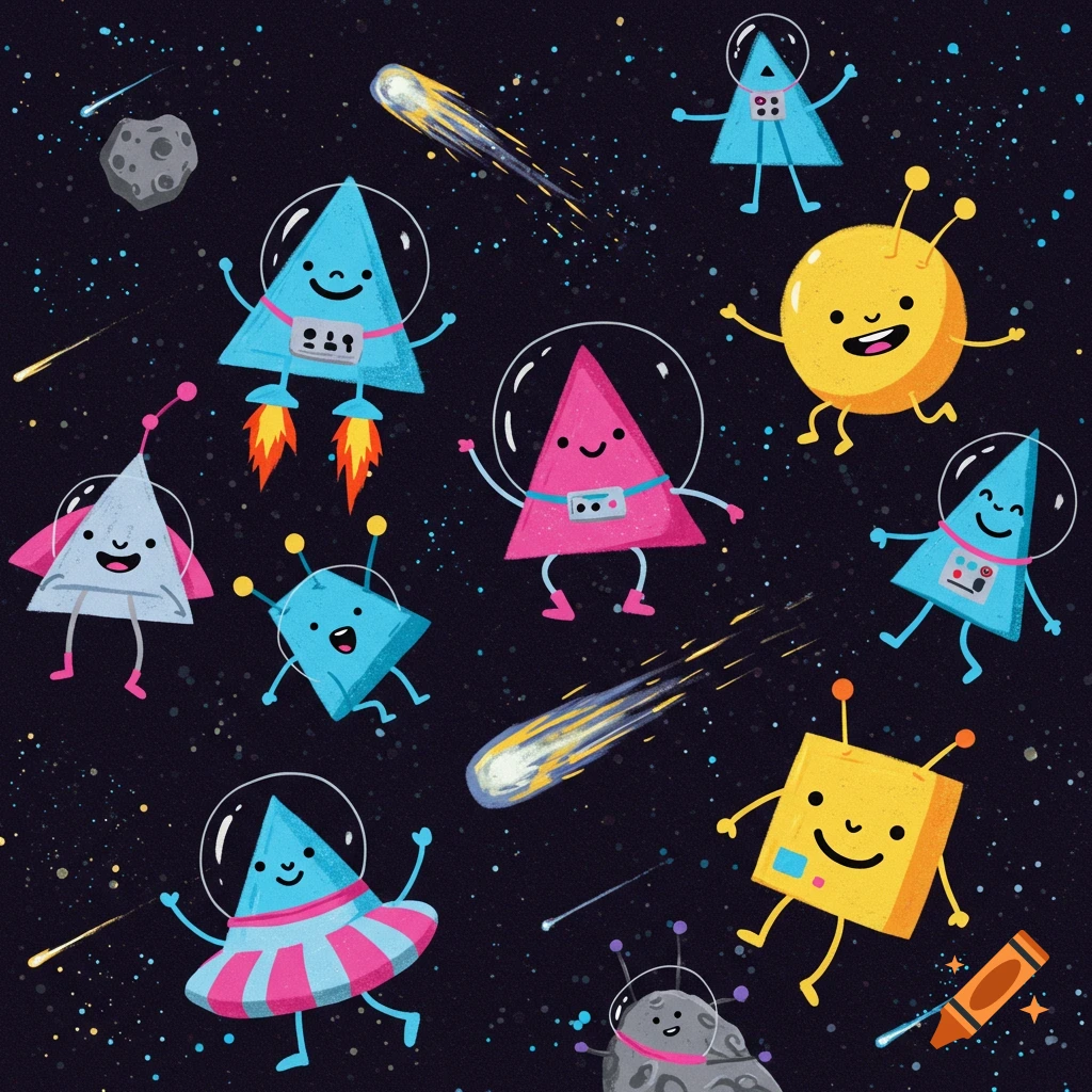 Cartoon illustration of colorful, happy geometric alien shapes wearing space helmets, floating in a dark outer space filled with stars and comets.