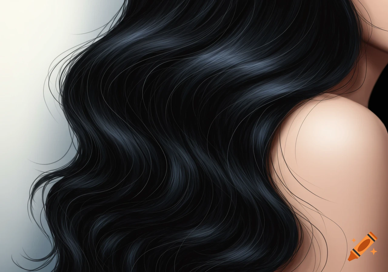Close-up of long, dark, wavy hair flowing over a person's bare shoulder.