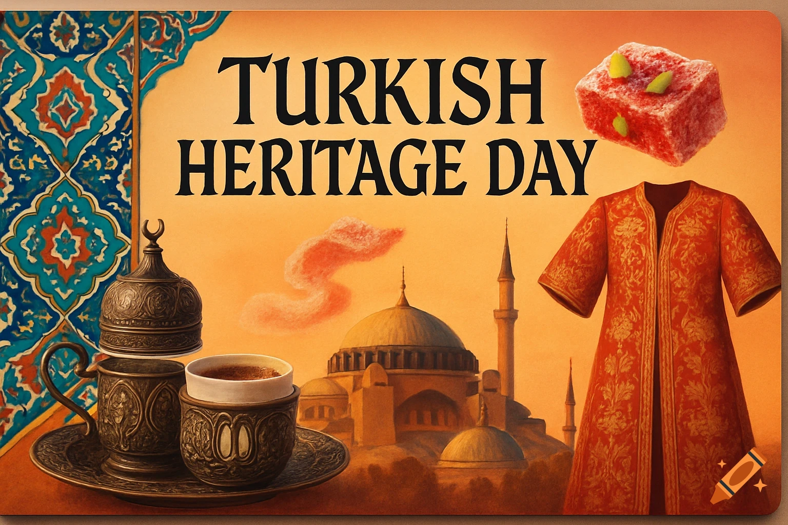 An illustration for Turkish Heritage Day showing traditional coffee ware, a mosque, a red robe, and Turkish delight on an orange background.