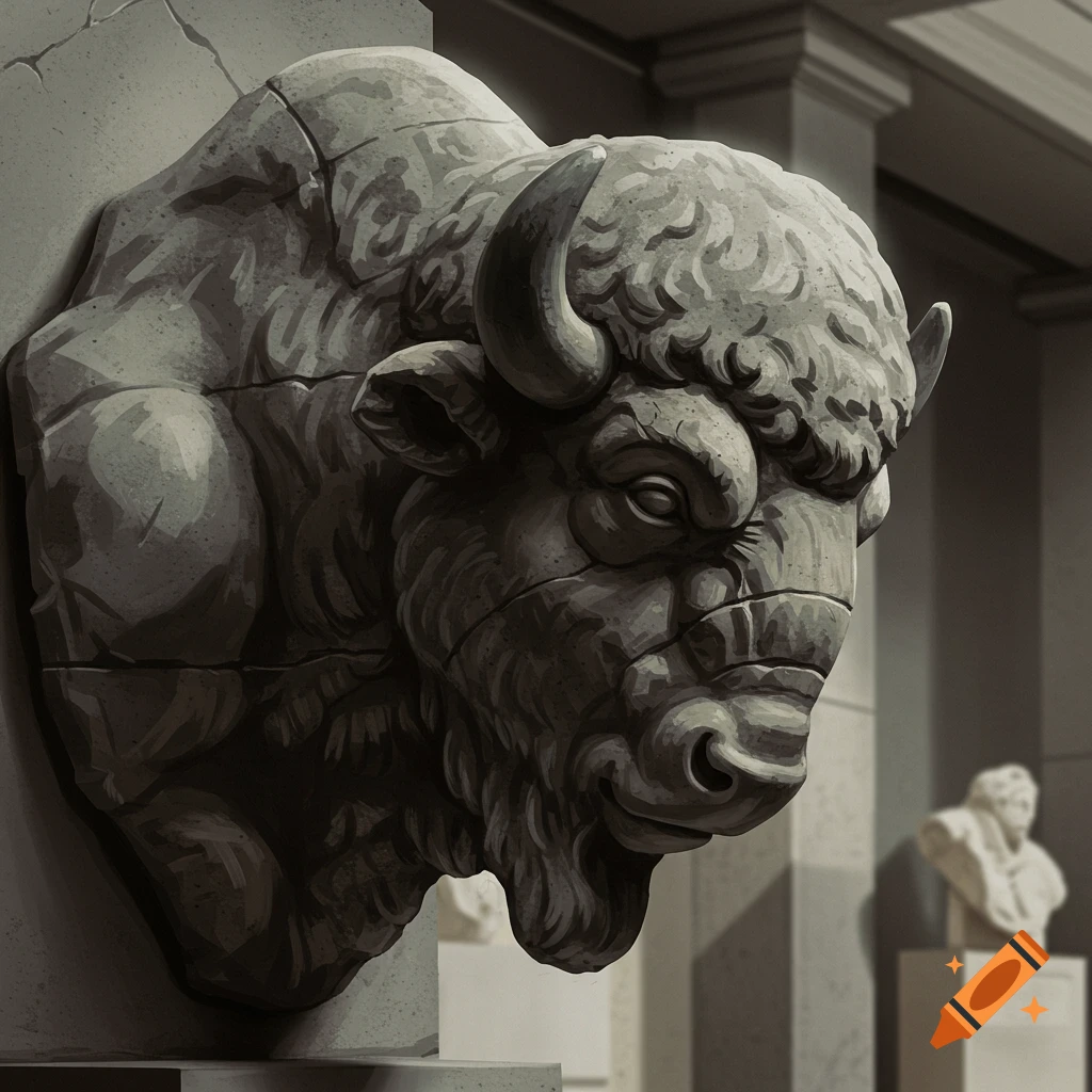 A detailed stone sculpture of a bison head, looking downward to the side, displayed in a dimly lit museum.
