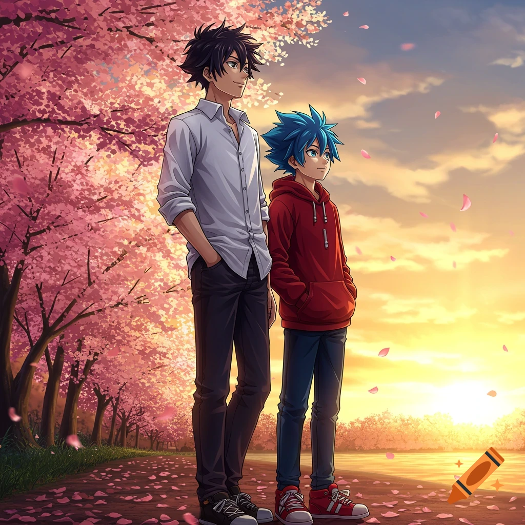 Two anime boys stand in a beautiful cherry blossom park at sunset, with petals falling around them.