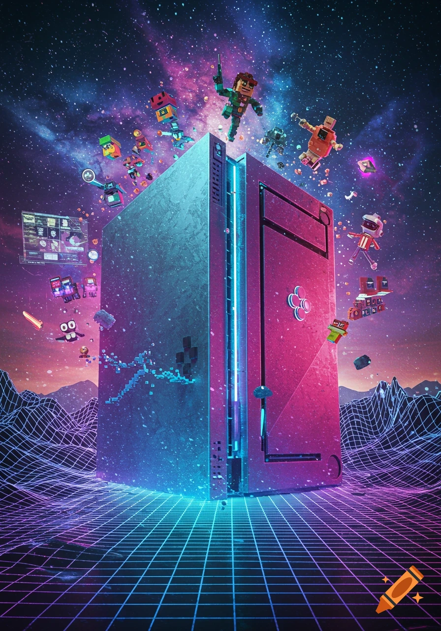 Voxel characters float around a large glowing computer, in a vibrant retro-futuristic space scene with a grid landscape.