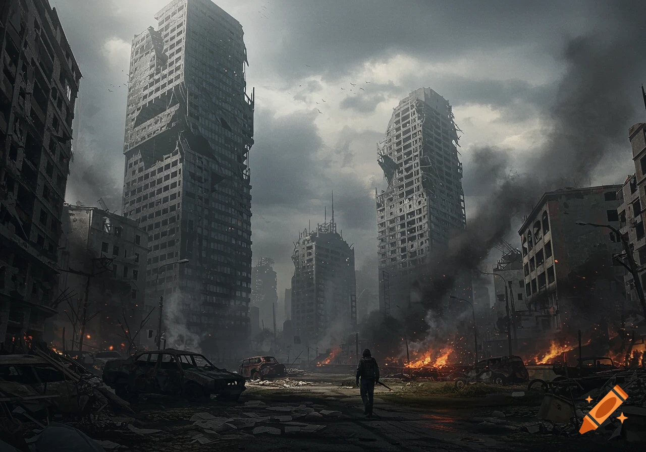 A lone figure walks through the dark, smoke-filled ruins of a city, with large destroyed buildings and fires burning amidst the rubble.