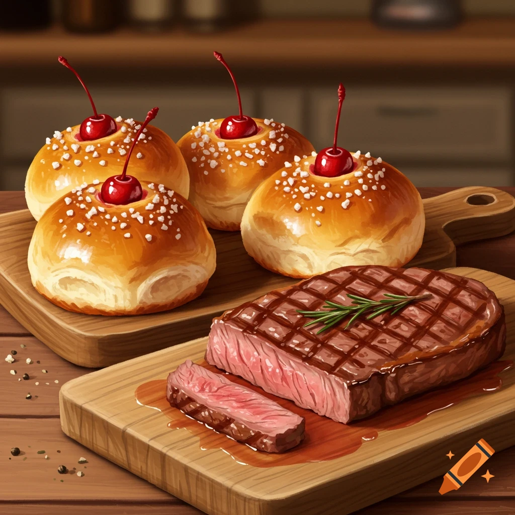 Four glazed buns topped with cherries and sprinkles sit on one wooden board, while a medium-rare steak with a sliced piece rests on another.