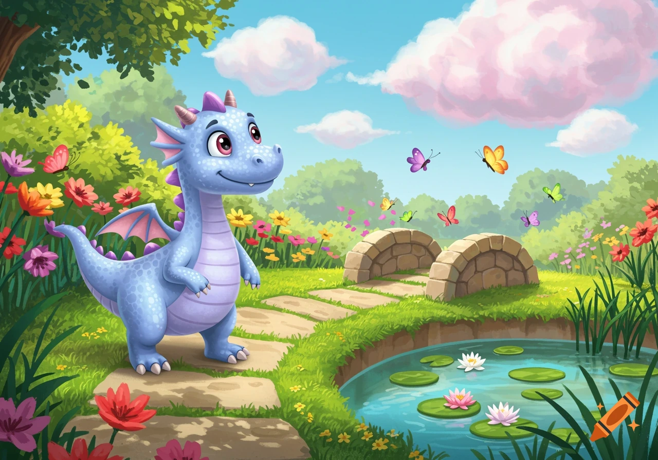 A cute blue cartoon dragon with pink wings and horns stands on a stone path next to a pond with lily pads, surrounded by colorful flowers and butterflies.