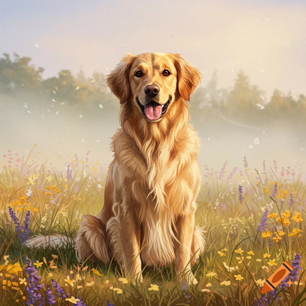 A golden retriever with a happy expression sits in a field of yellow and purple wildflowers, digital painting.