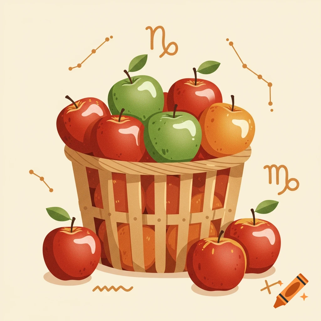 Flat design illustration of a basket filled with red, green, and orange apples, surrounded by astrological Capricorn and Virgo symbols.