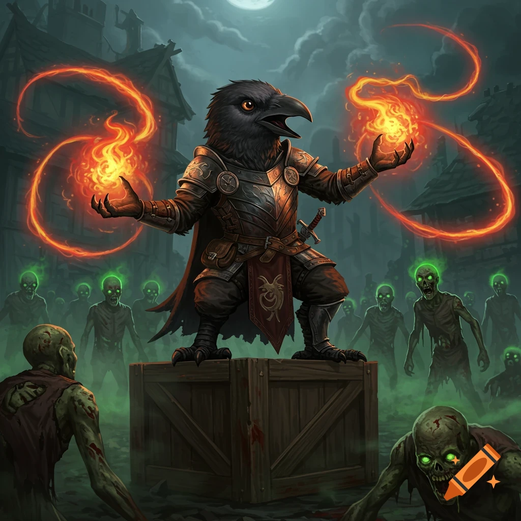 A crow person in armor stands on a crate, casting fire spells at a horde of glowing-eyed zombies in a dark, moonlit village.