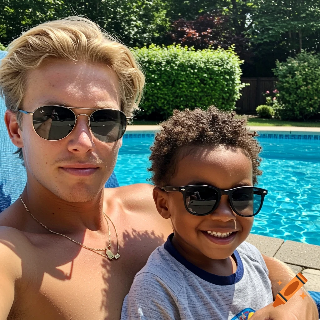 A man and a child, both wearing sunglasses, pose for a selfie by a swimming pool on a sunny day.