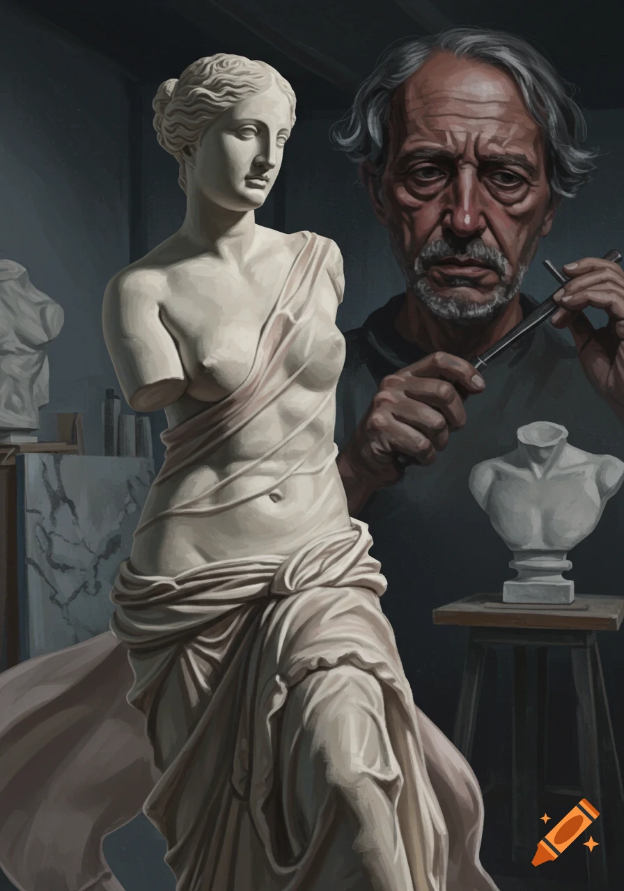A painterly image of a male sculptor with a pained expression, working in a dim studio next to a draped classical statue of Venus.
