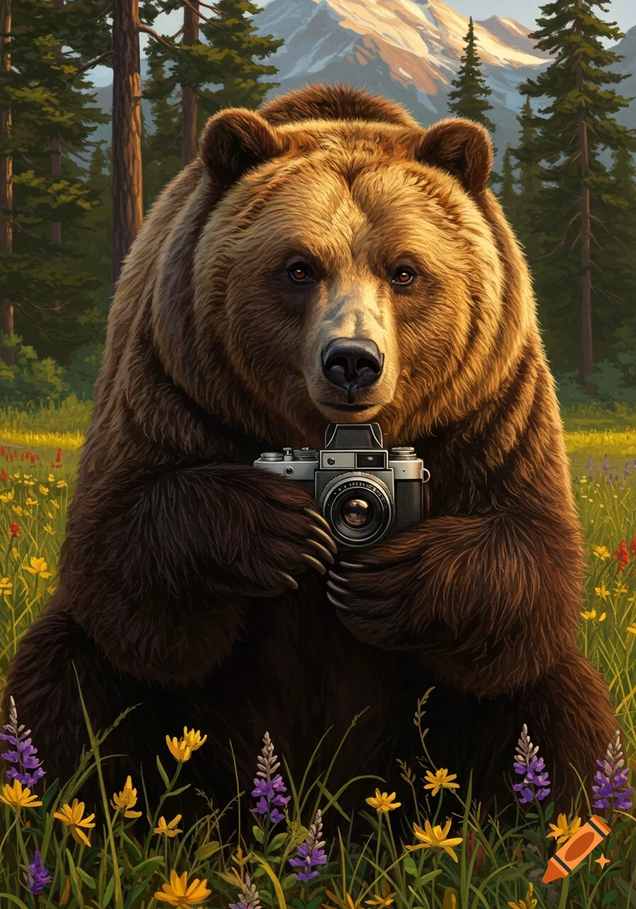 A grizzly bear sits in a field of wildflowers, holding a vintage camera, with a forest and mountains in the background.