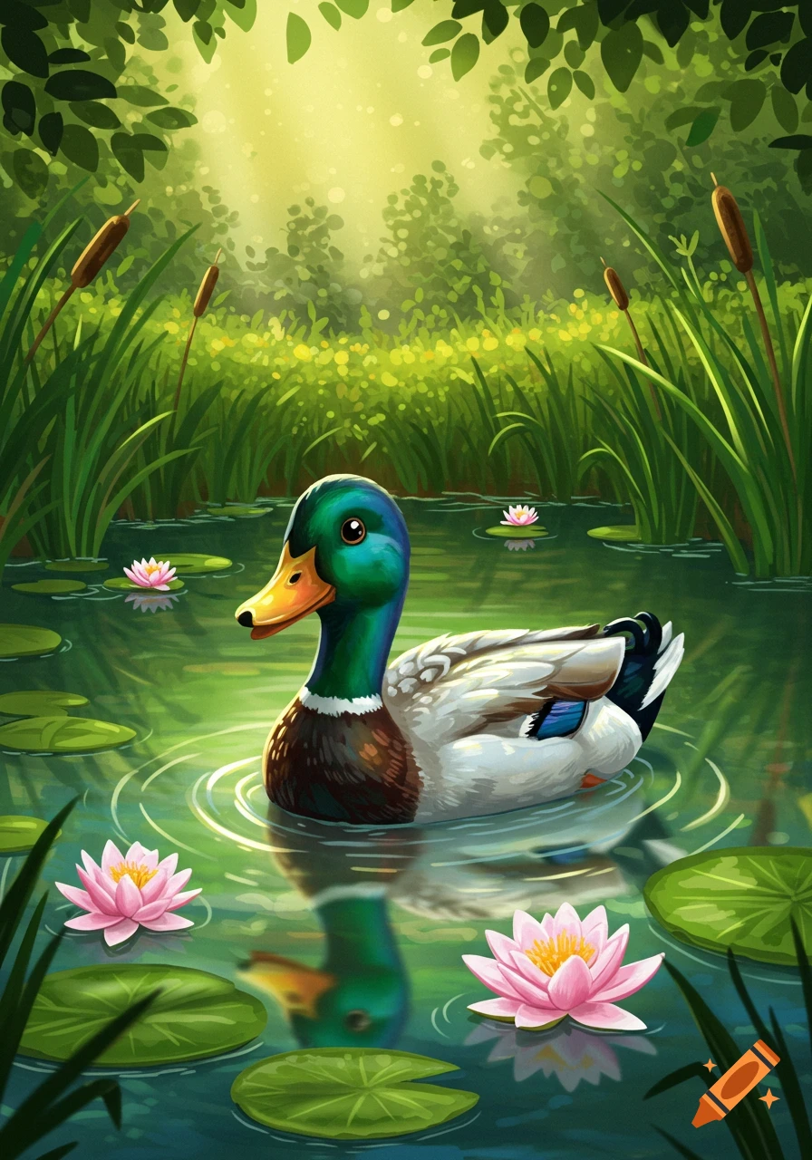 A colorful mallard duck swims in a pond surrounded by lily pads and tall green reeds under a dappled sunlight, illustration.