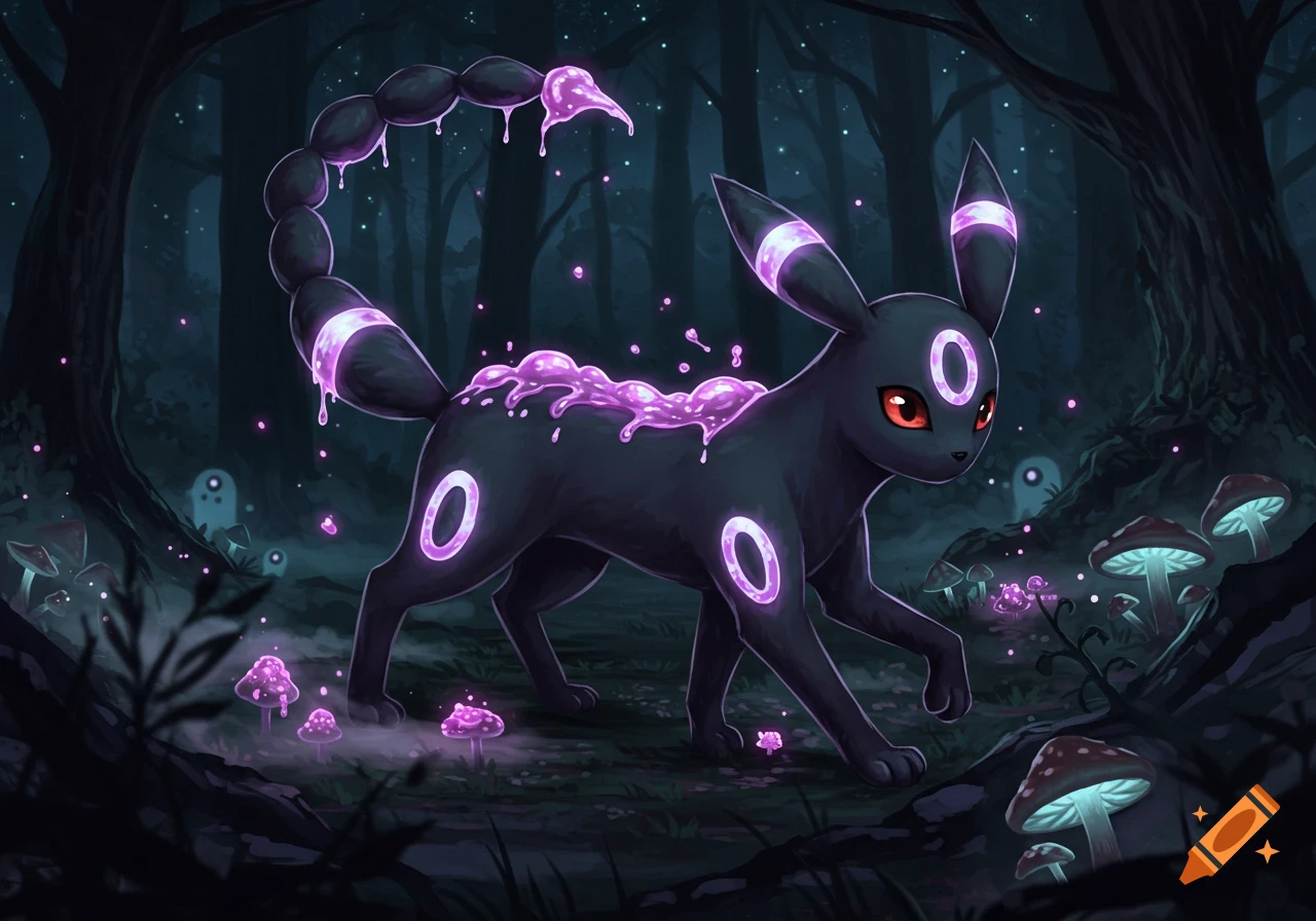 A dark Umbreon Pok 00e9mon with glowing purple ooze and a scorpion tail stinger stands in a mystical, dark forest with glowing mushrooms.