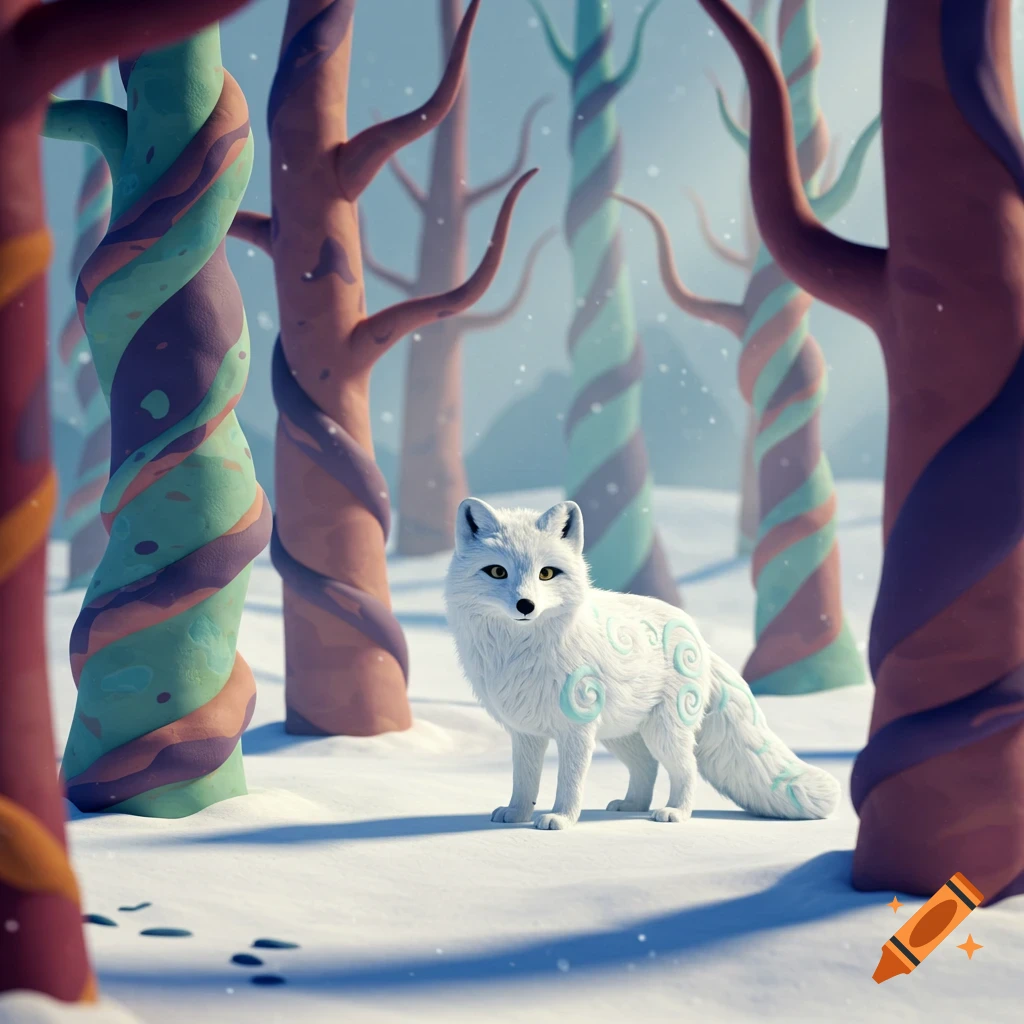 A white arctic fox with blue swirl patterns on its fur stands in a snowy forest with colorful, twisted claymation trees.