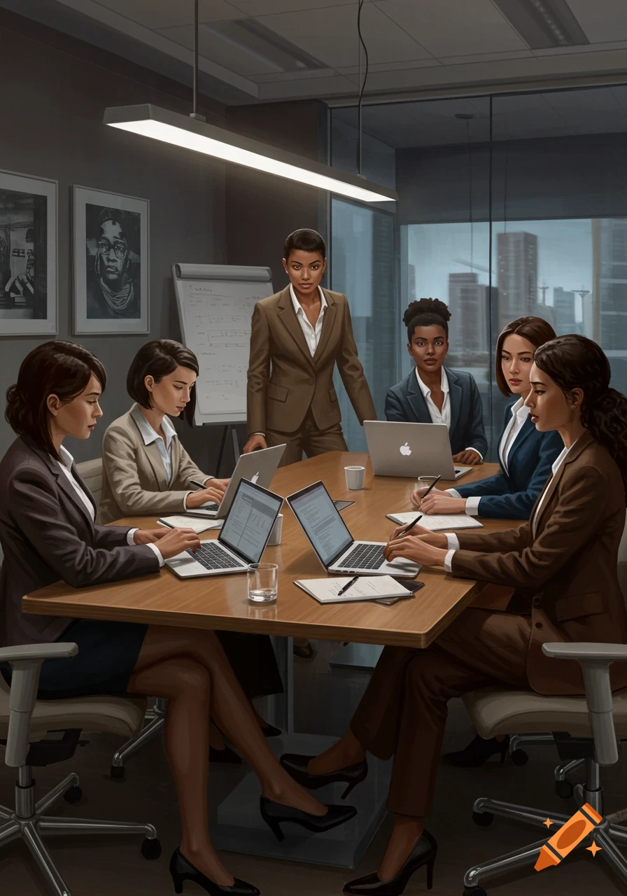 Six women in business attire are in a modern conference room. Some are typing on laptops, while one stands addressing the group.