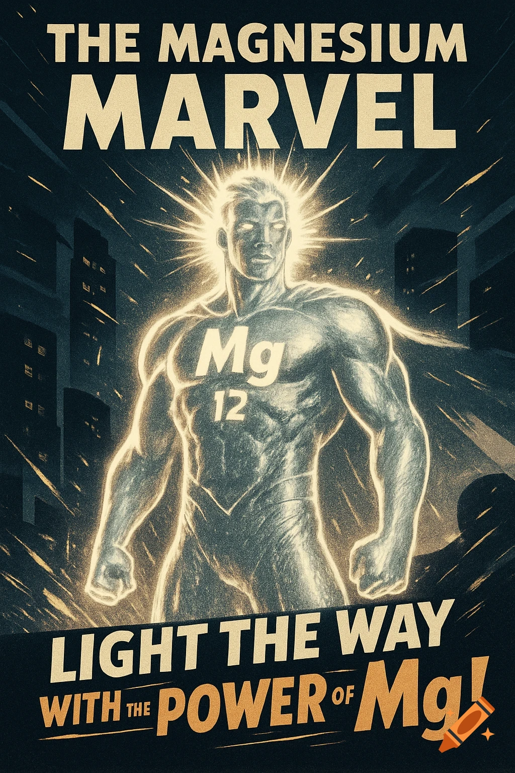 Retro comic poster: 'The Magnesium Marvel' with a glowing superhero, 'Mg 12' on his chest, in a city. Slogan: 'Light the Way with the Power of Mg!'