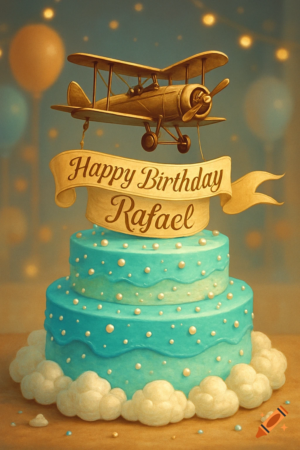 A two-tier turquoise birthday cake topped with a golden biplane holding a 'Happy Birthday Rafael' banner, surrounded by clouds.