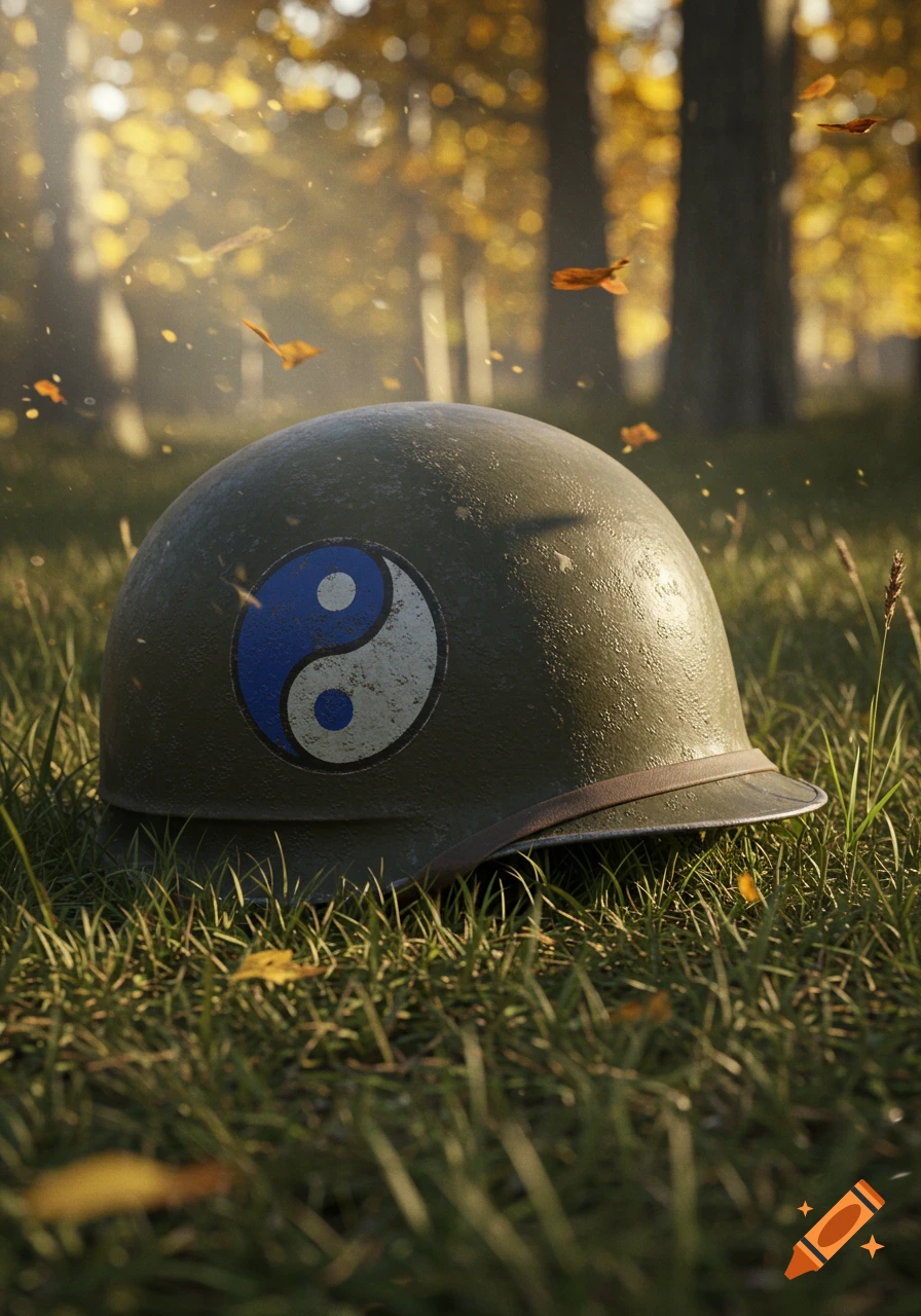 Photorealistic US WW2 M1 helmet with 29th Infantry Division insignia lying in green grass in an autumn forest.