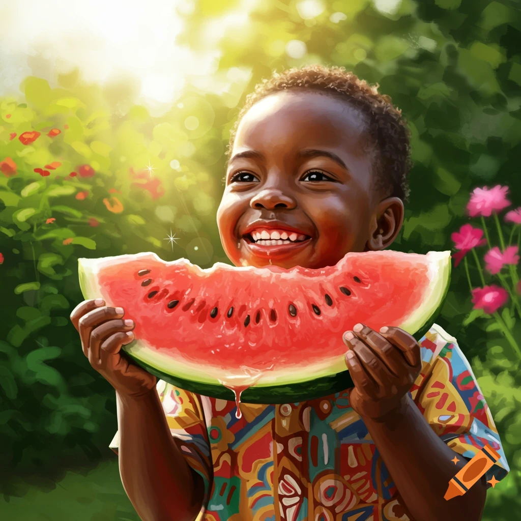 A joyful Black child with a big smile eats a juicy watermelon slice outdoors on a sunny day.