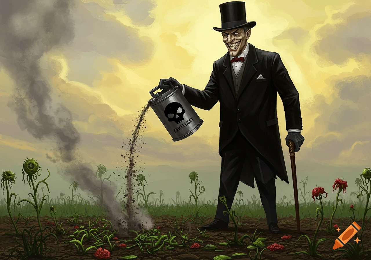 A sinister man in a top hat pours dark fertilizer from a skull-marked canister onto a field of sickly, mutated plants under a smoky, yellow sky.