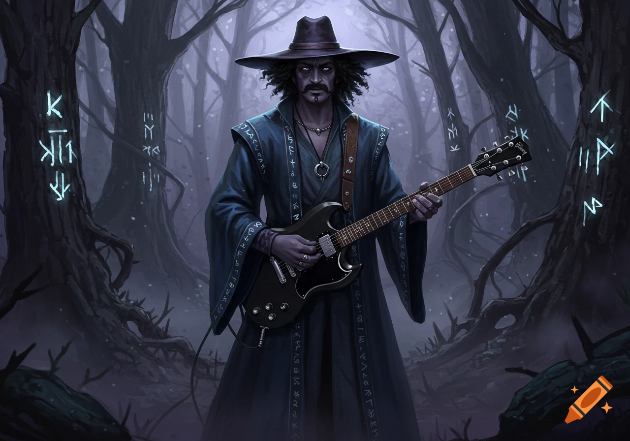 A dark wizard in a robe and hat with a moustache plays a black electric guitar in a mystical forest with glowing runes.