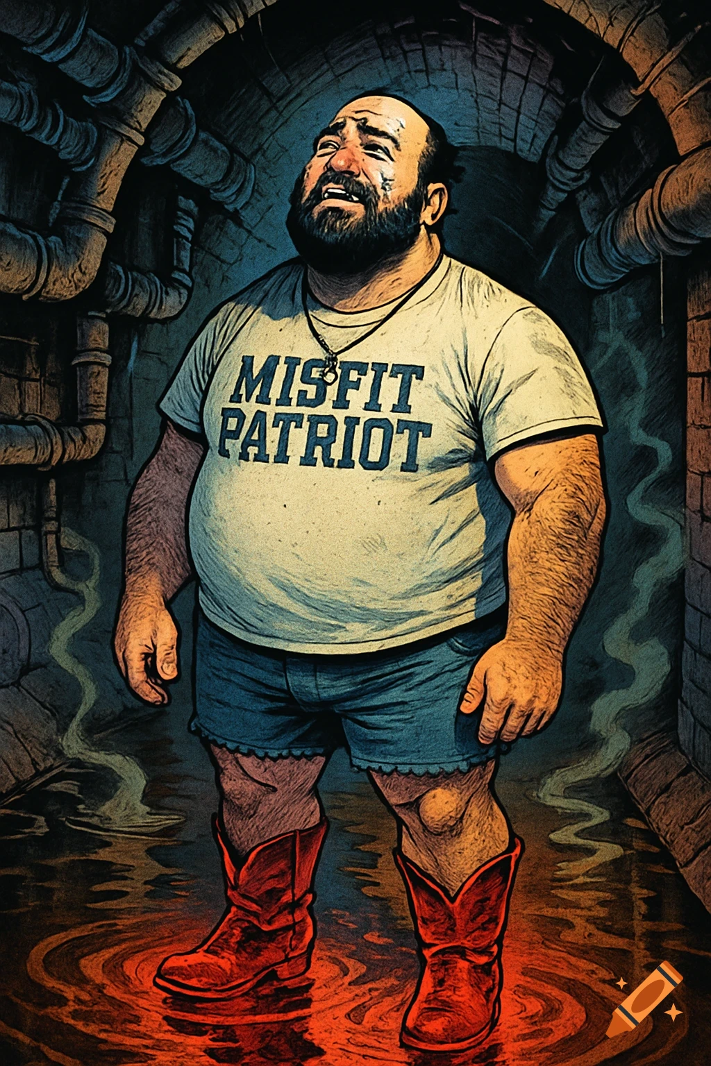 Comic art of a bearded man in a 'MISFIT PATRIOT' shirt and red glowing cowboy boots, crying in a sewer.