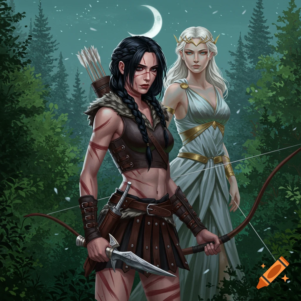 A dark-haired female warrior with a bow and scars stands next to a white-haired goddess in a forest under a crescent moon, fantasy art style.