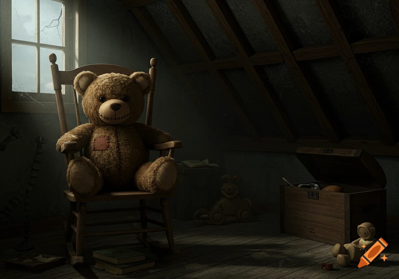 A brown teddy bear sits on a wooden rocking chair in a dimly lit, dusty attic with cobwebs and a window.