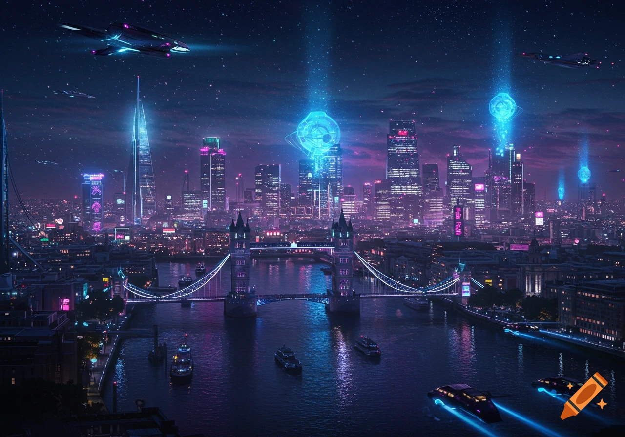 Futuristic London cityscape at night with neon-lit skyscrapers, Tower Bridge, flying vehicles, and glowing orbs in a starry sky.