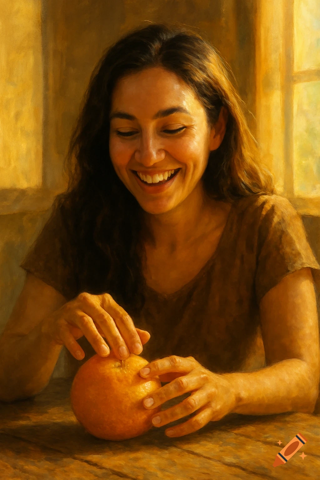 A smiling woman with long brown hair laughs while gently touching an orange on a wooden table, depicted in a warm, painterly style.