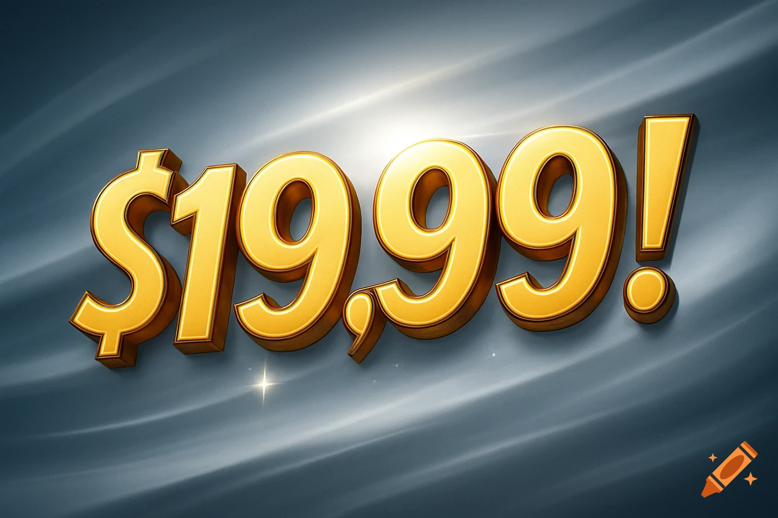 Shiny golden 3D text displaying "$19.99!" against a dynamic blue-grey background with a bright highlight.