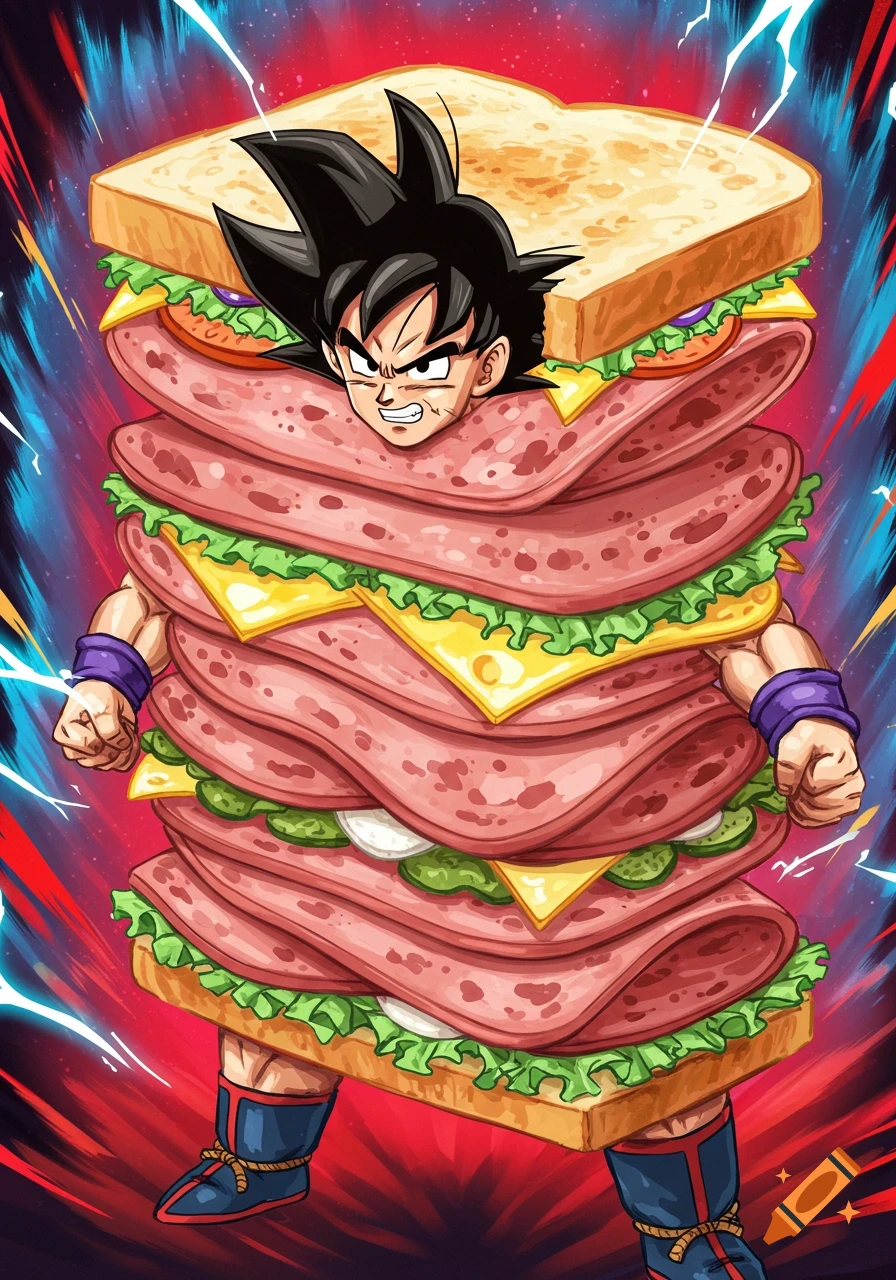 Goku's head and limbs emerge from a towering bologna sandwich, surrounded by an energetic aura, in an anime art style.