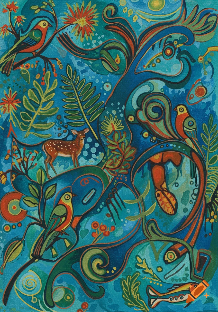 Vibrant abstract painting in Ojibwe woodland art style featuring a deer, birds, fish, and plants against a blue background.