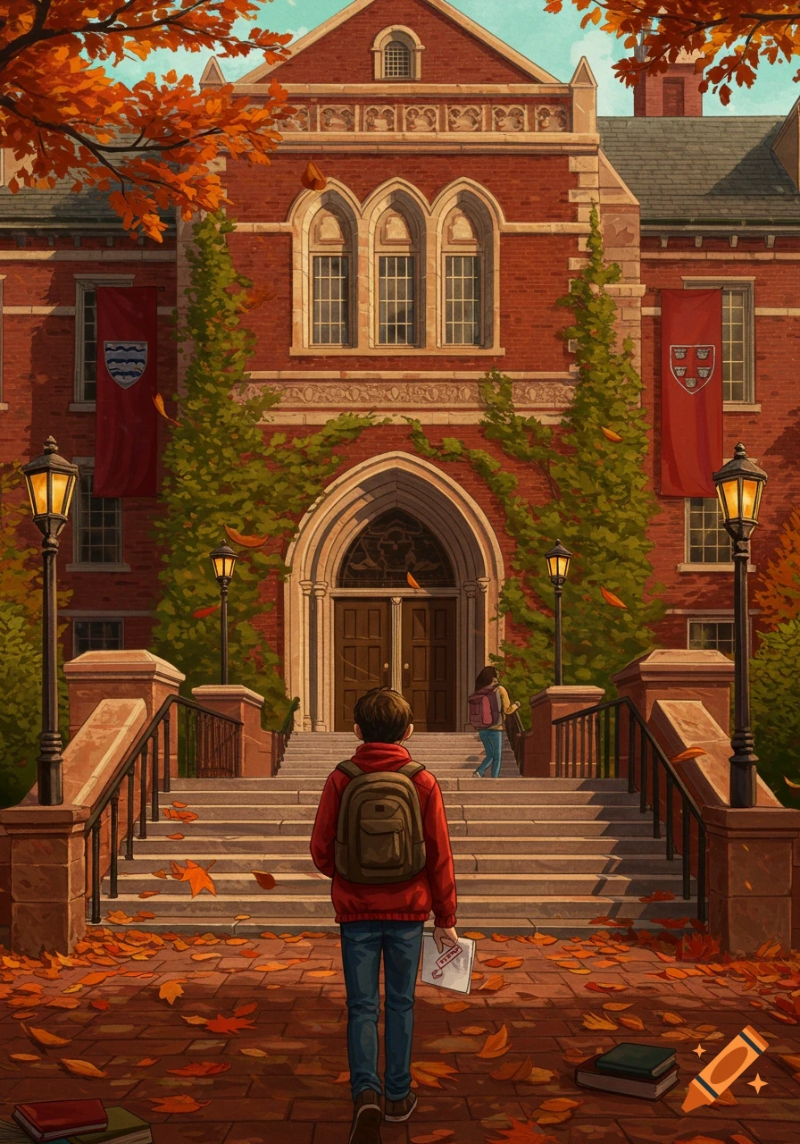 A student holding a rejection letter walks towards a grand brick university building on an autumn day, with fallen leaves covering the ground. Illustration.