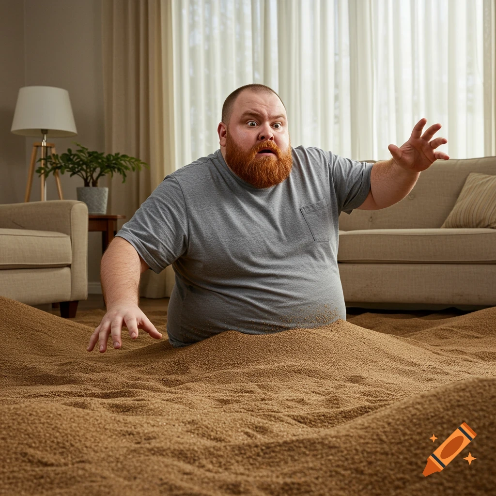 A surprised, stout man with a red beard sinks into a living room carpet that has turned into quicksand.