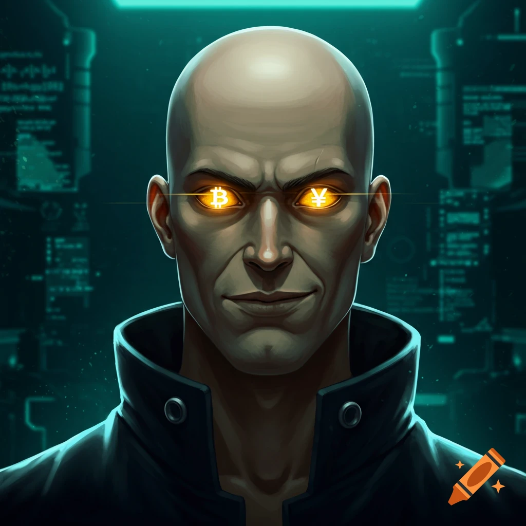 Anime portrait of a bald man with glowing golden Bitcoin and Yen symbol eyes, wearing a black jacket, against a dark cyberpunk background.