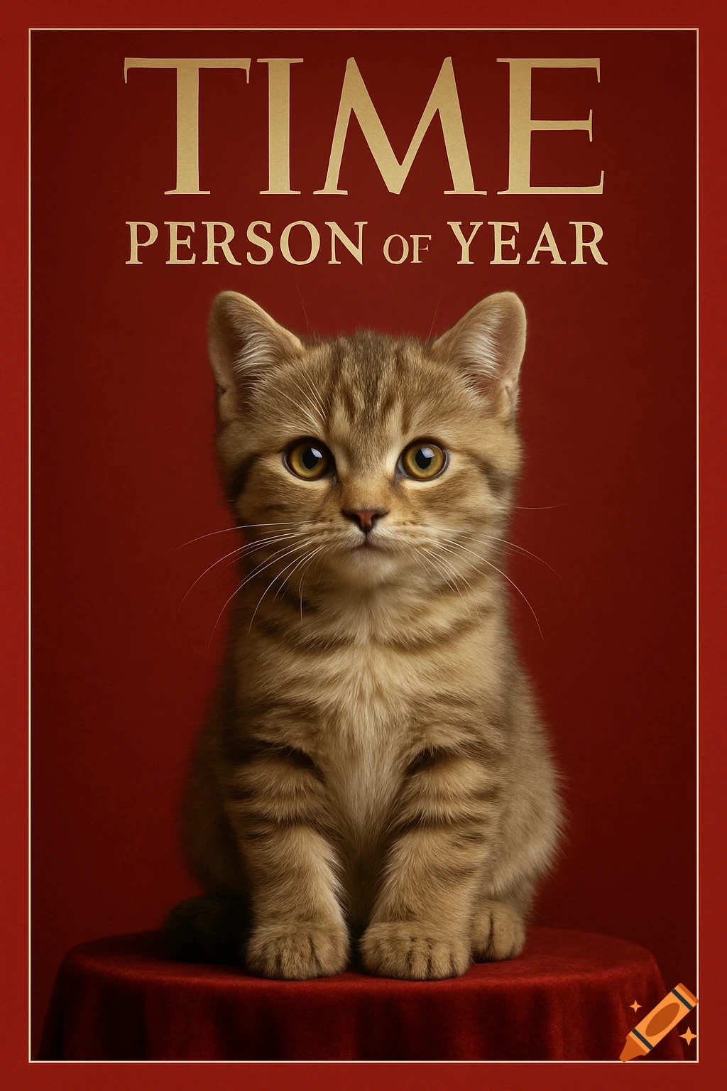Photorealistic image of a cute tabby kitten on a red velvet stool, appearing as a 'TIME PERSON of YEAR' magazine cover.