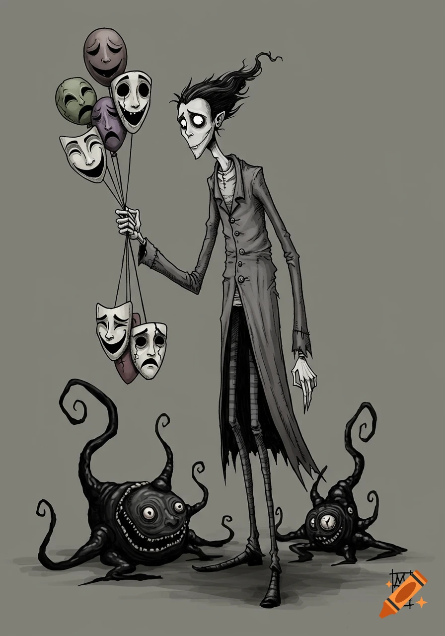 A spindly figure in Tim Burton style holds a bouquet of expressive masks like balloons, while two small, smiling, tentacled creatures crawl at their feet.