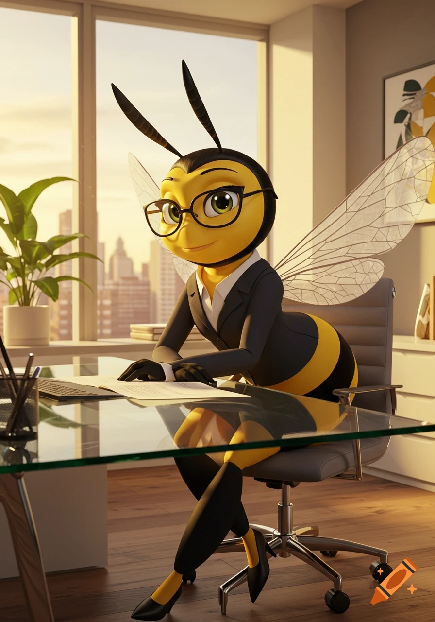 A cartoon female bee in a business suit and glasses sits at a desk in a sunny office.