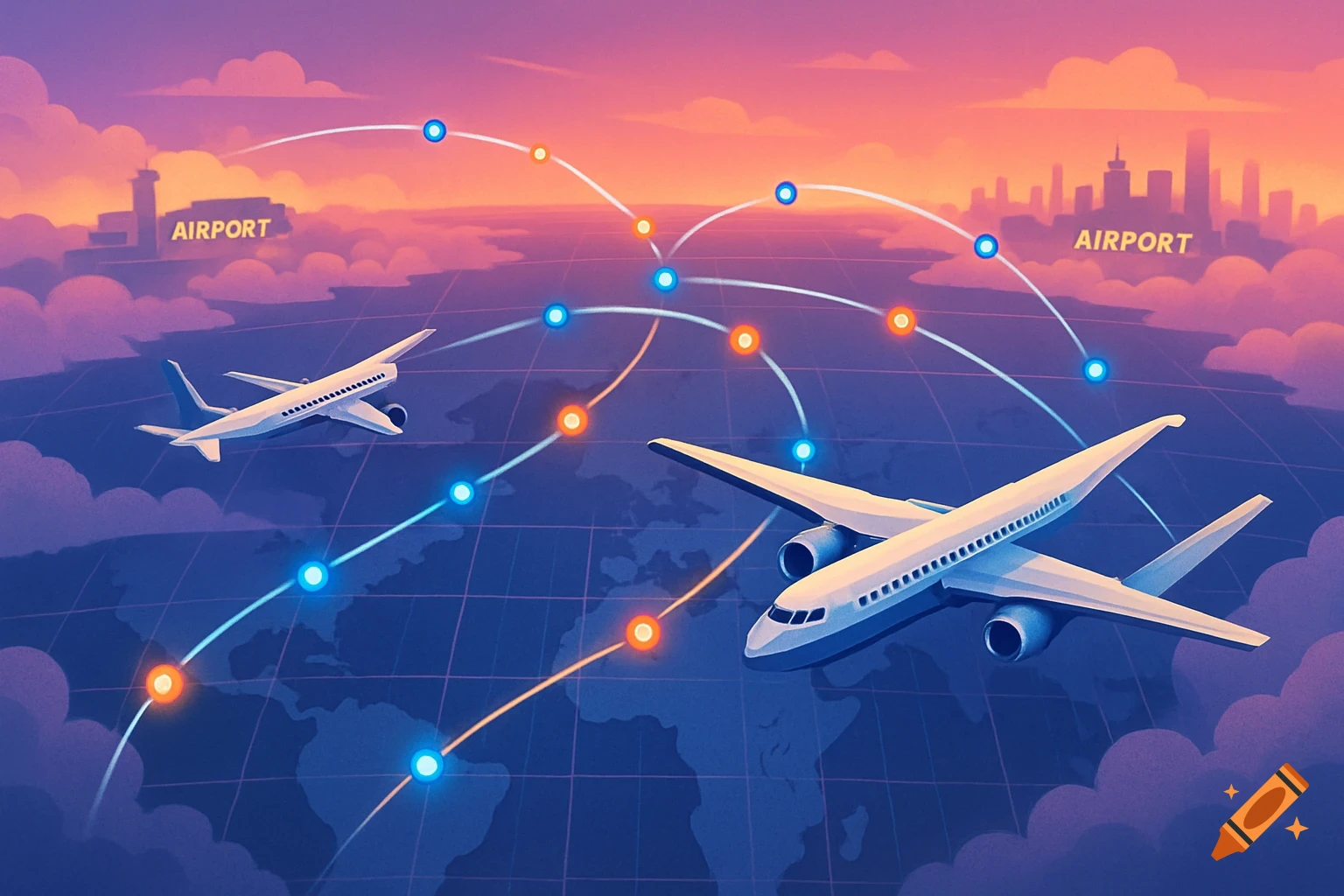 Two white airplanes fly over a globe with illuminated flight paths between stylized airports at sunset, illustration.