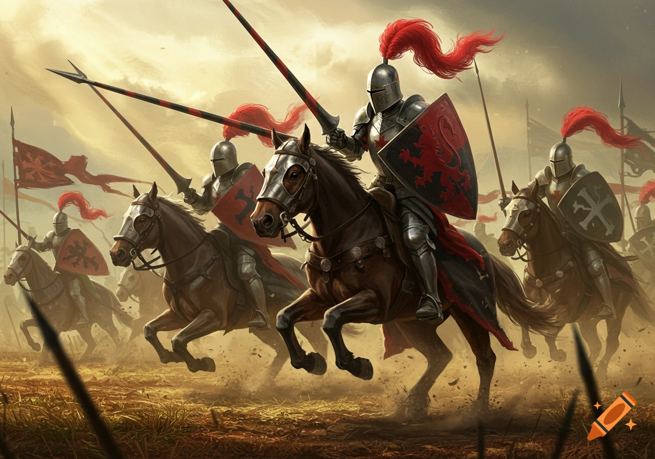 Knights in full plate armor with red plumes on horseback charge across a dusty battlefield with lances and shields.