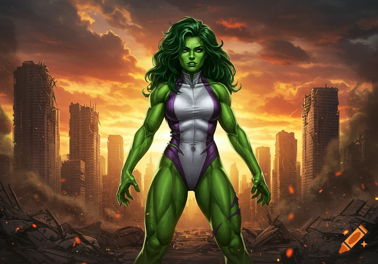 A muscular green-skinned She-Hulk stands defiantly in a destroyed city under an orange, smoke-filled sky, in a comic book art style.