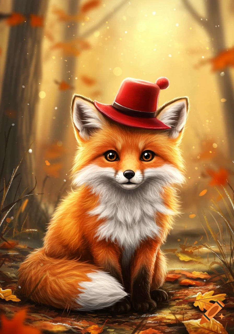 A cute orange fox wearing a red hat sits in an autumn forest with falling leaves, digital painting.